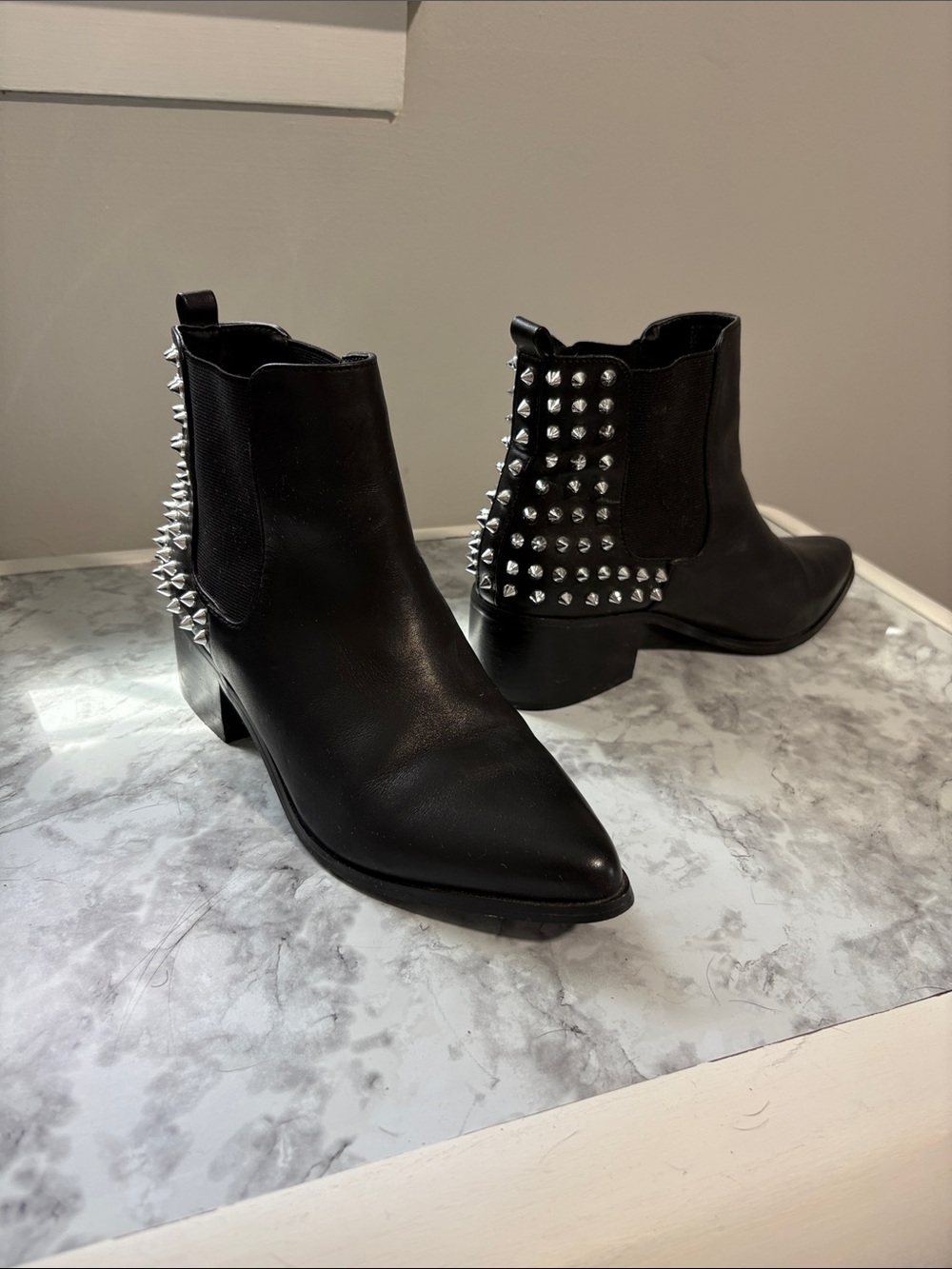 Black Studded Leather Ankle Boots - Women's